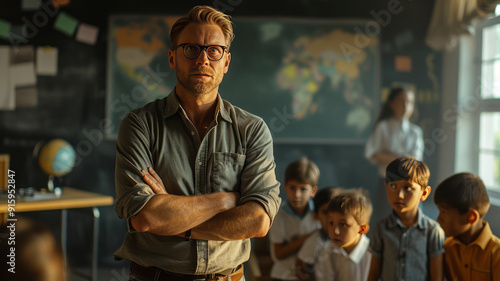 teacher standing in front of a class. He involves the students well in the lesson so that they participate and pay attention.generative ai photo