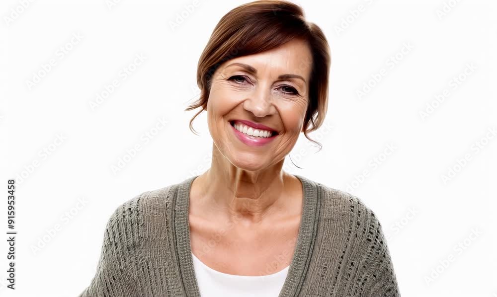 Medium shot portrait video of a grinning woman in her 40s that is wearing a chic cardigan against a white background Medium shot portrait video of a grinning woman in her 40s that is wearing a chic cardigan against a white background
