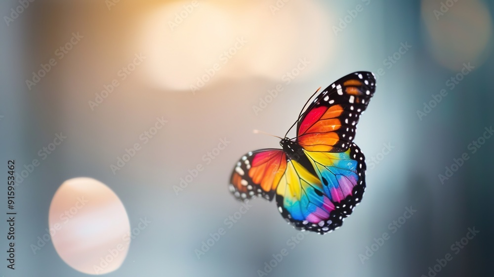 Fototapeta premium Metamorphosis of Freedom: Vibrant Rainbow-Colored Butterfly Emerging from Cocoon Symbolizing Transformation and Liberation