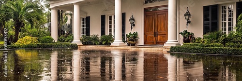 Florida luxury home with prominent teak door entryway and shuttered windows standing up to a hurricane with heavy rain