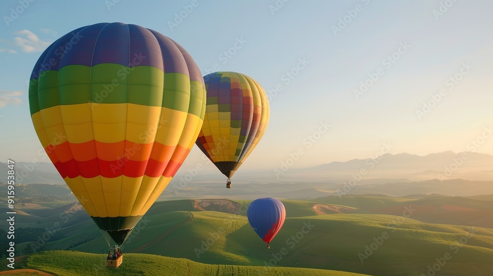 Fototapeta premium Majestic Rainbow-Colored Hot Air Balloons Drift Over Serene Landscape - Concept of Freedom and Adventure