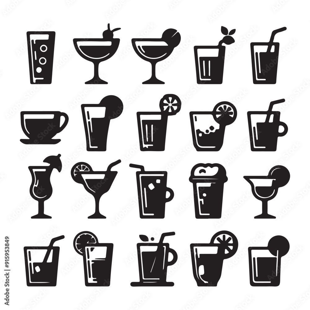 Set of icons of various black drink glasses image with white background Set of icons of various black drink glasses image with white background