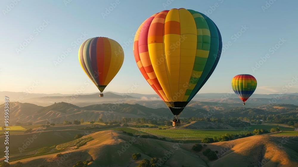 Fototapeta premium Up, Up, and Away: Rainbow-Colored Hot Air Balloons Soaring in Serene Skies