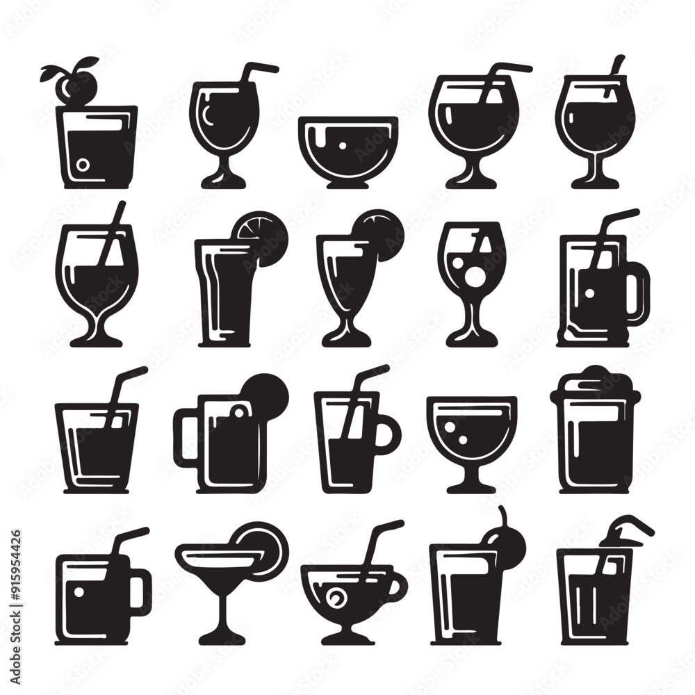 Set of icons of various black drink glasses image with white background Set of icons of various black drink glasses image with white background