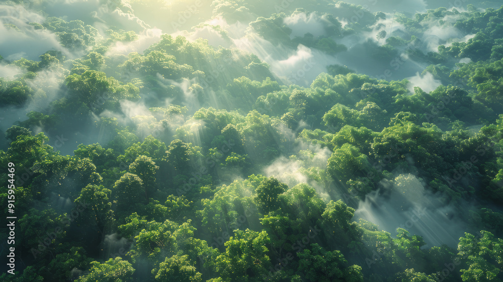 Fototapeta premium A scene shot from a bird's eye view shows a dense forest, with trees towering into the clouds and sunlight shining through the leaves,generative ai