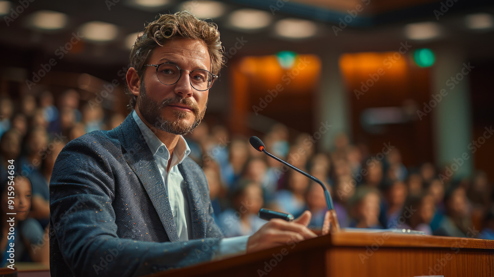 Obraz premium a dynamic speaker at a podium, engaging with a diverse audience in a lecture hall,generative ai