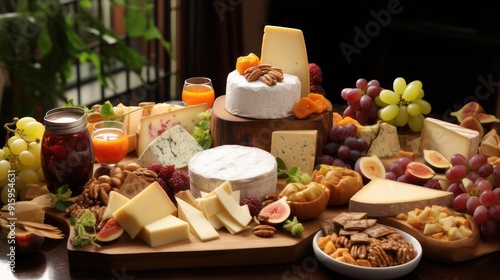 Delicious and tasty cheese slices on a wooden tray with various slices, and fruits around it.