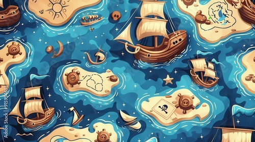 Various pirate ships navigate through a vibrant ocean filled with treasure maps and small islands