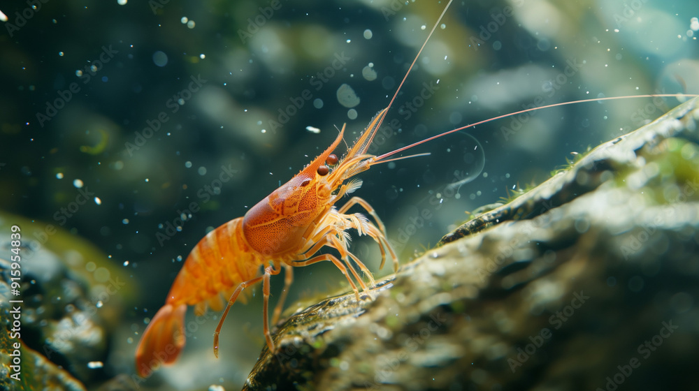 A vibrant orange shrimp exploring a rocky underwater environment. A vibrant orange shrimp exploring a rocky underwater environment.