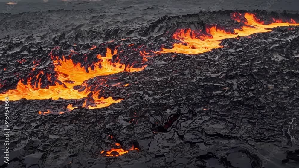 As the lava hardens orange and yellow hues mix with the deep black of the cooling crust creating a mesmerizing display of colors in a closeup shot. As the lava hardens orange and yellow hues mix with the deep black of the cooling crust creating a mesmerizing display of colors in a closeup shot.