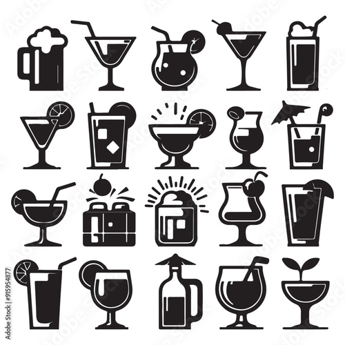 Set of icons of various black drink glasses image with white background