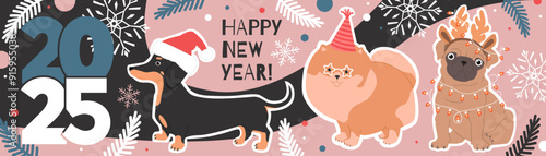 Happy New Year 2025 long horizontal banner with cute dogs, text, and winter elements. Vector flat illustration in trendy colors.
