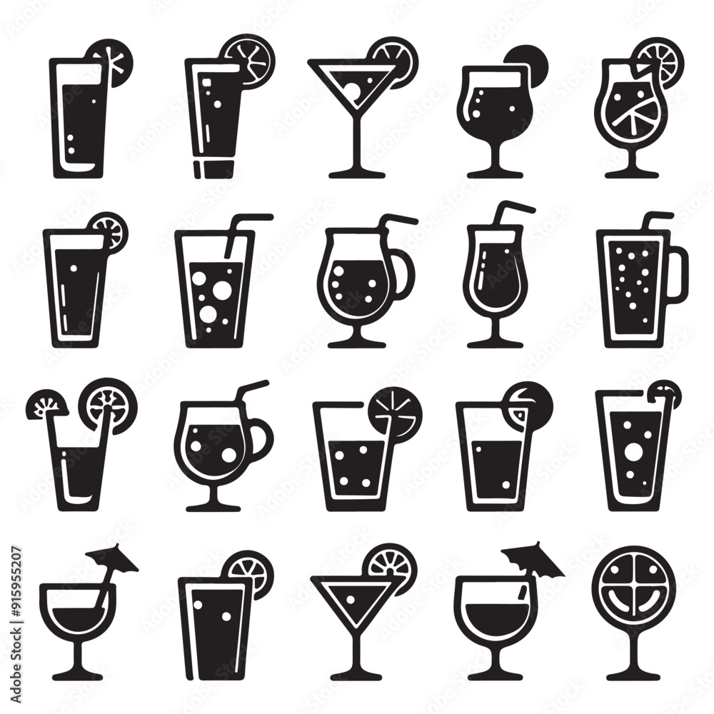 Set of icons of various black drink glasses image with white background Set of icons of various black drink glasses image with white background