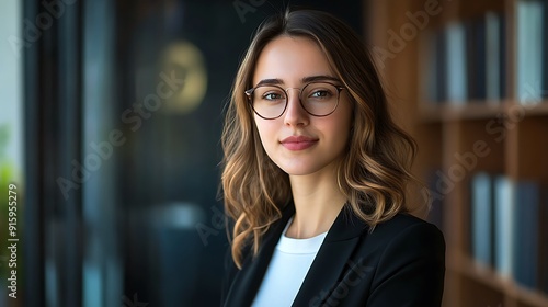 Stock photo of a poised young female lawyer, elegant posture, in a modern office, soft lighting, and a slight smile