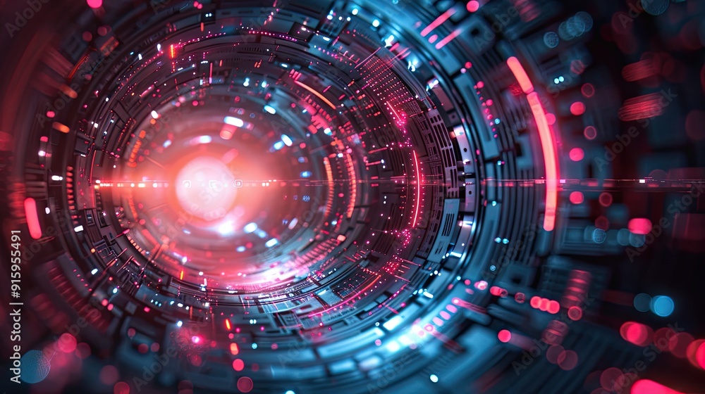 Fototapeta premium A vibrant, futuristic digital tunnel illuminated by red and blue glowing lights, symbolizing advanced technology, data flow, and innovation. 