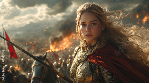 Warrior princess on armored horse, spear ready, amidst chaotic battle.generative ai