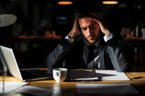 A stressed businessman sits at a desk, holding his head in a dimly lit office.