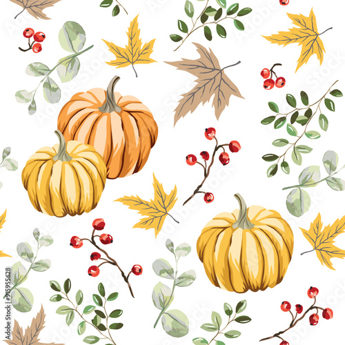 Autumn pumpkins, maple leaves, red berries, white background. Vector seamless pattern. Fall season illustration. Forest and garden nature design