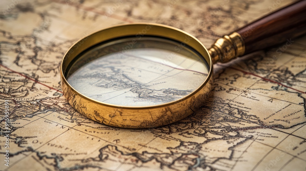 Retro magnifier with old map closeup Retro magnifier with old map closeup