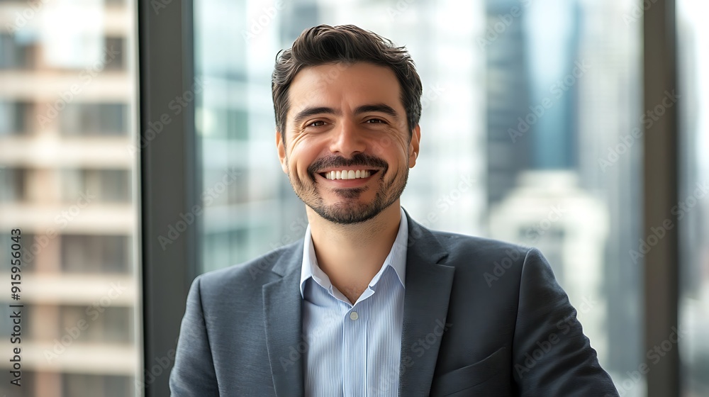 Close-up of a male consultant with a friendly smile, smart-casual attire, office setting with a cityscape backdrop Close-up of a male consultant with a friendly smile, smart-casual attire, office setting with a cityscape backdrop