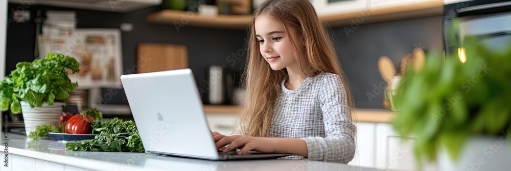 young girl working on laptop, in kitchen, copy space young girl working on laptop, in kitchen, copy space