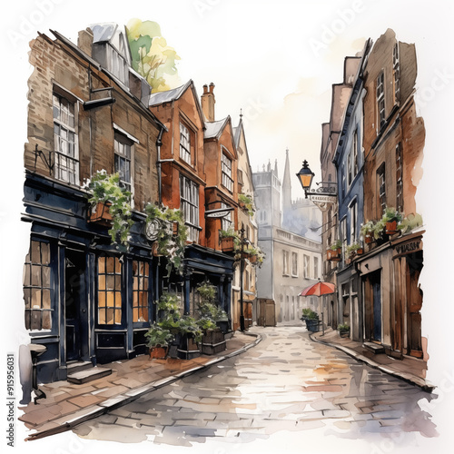 A charming cobblestone street lined with quaint buildings and greenery, evoking a serene atmosphere.