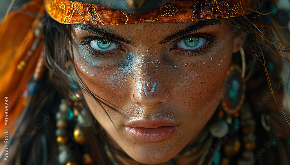 Obraz premium Female pirate with intense gaze, wearing ornate jewelry and a tricorn hat, vibrant colors
