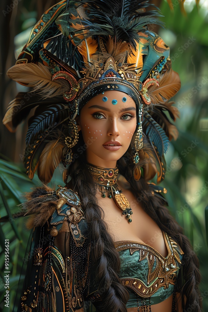 Regal warrior princess in tribal attire, standing in a lush jungle