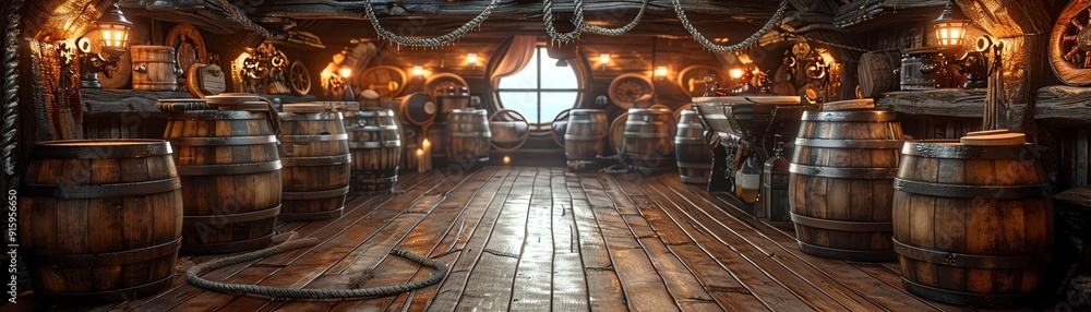 Fototapeta premium Rustic pirate ships galley, wooden barrels and ropes, warmly lit by lanterns, creating a cozy, authentic scene