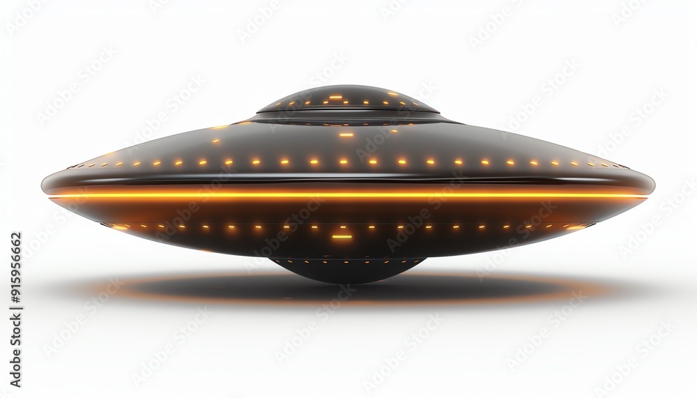 Sleek metallic UFO hovering, isolated on a white background, clean design Sleek metallic UFO hovering, isolated on a white background, clean design