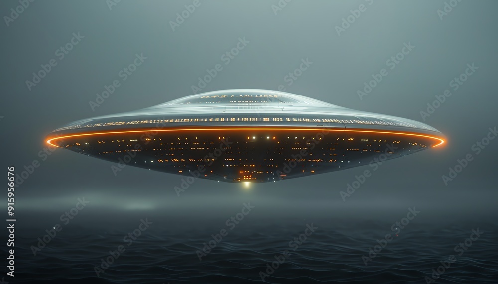 Sleek, metallic UFO floating against a dark background, minimalist and futuristic Sleek, metallic UFO floating against a dark background, minimalist and futuristic