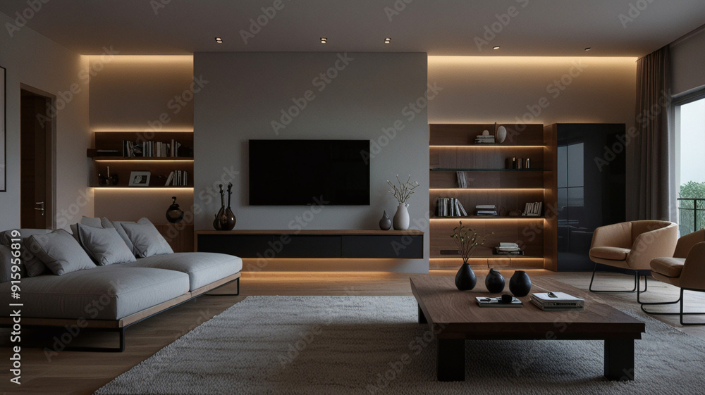 Home cinema, living room with colored LED lighting - Smart home. Big Tv In A Living Room. Elegant living room with big tv screen. Colored LED lit living room with home theater. Home cinema, living room with colored LED lighting - Smart home. Big Tv In A Living Room. Elegant living room with big tv screen. Colored LED lit living room with home theater.