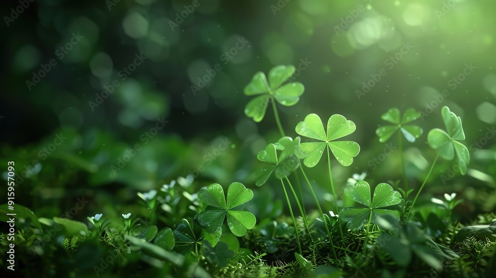 Enchanted Shamrocks: Intricate Illustration of Magical Clover Plants in a Mystical Garden for Saint Patrick's Day Celebration and Fantasy Nature Themes Enchanted Shamrocks: Intricate Illustration of Magical Clover Plants in a Mystical Garden for Saint Patrick's Day Celebration and Fantasy Nature Themes