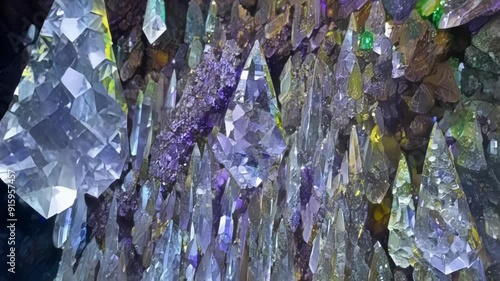 A closeup of a crystalencrusted cave wall the vibrant colors and unique structures of the crystals giving the impression of an otherworldly landscape. photo