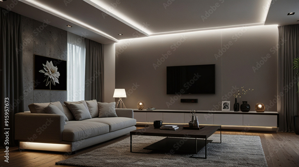 Home cinema, living room with colored LED lighting - Smart home. Big Tv In A Living Room. Elegant living room with big tv screen. Colored LED lit living room with home theater. Home cinema, living room with colored LED lighting - Smart home. Big Tv In A Living Room. Elegant living room with big tv screen. Colored LED lit living room with home theater.