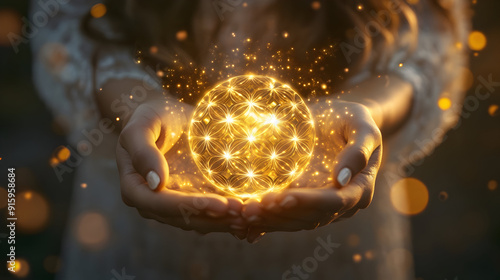 Elegant feminine hands support the flower of life, shimmering with an enchanting glow that is imbued with healing divine rays of golden light, generated by Generative AI Technology.