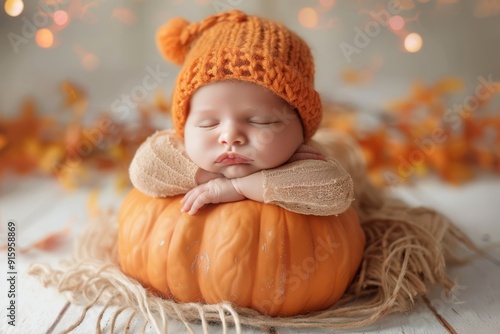 A cute baby peacefully sleeps on a pumpkin, wearing an orange knitted hat, surrounded by warm autumn decorations..