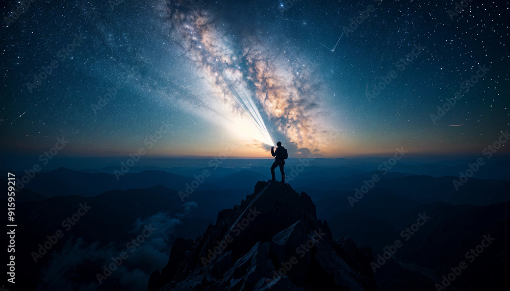 A solitary climber at a mountain summit holds a flashlight that pierces the darkness, illuminating the Milky Way and creating a striking silhouette against the cosmic backdrop. A solitary climber at a mountain summit holds a flashlight that pierces the darkness, illuminating the Milky Way and creating a striking silhouette against the cosmic backdrop.