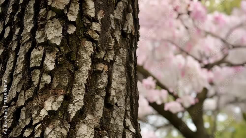 A closeup of a cherry blossom tree trunk showcasing its unique textured bark and the subtle hints of pink from the flowers in the background. A closeup of a cherry blossom tree trunk showcasing its unique textured bark and the subtle hints of pink from the flowers in the background.