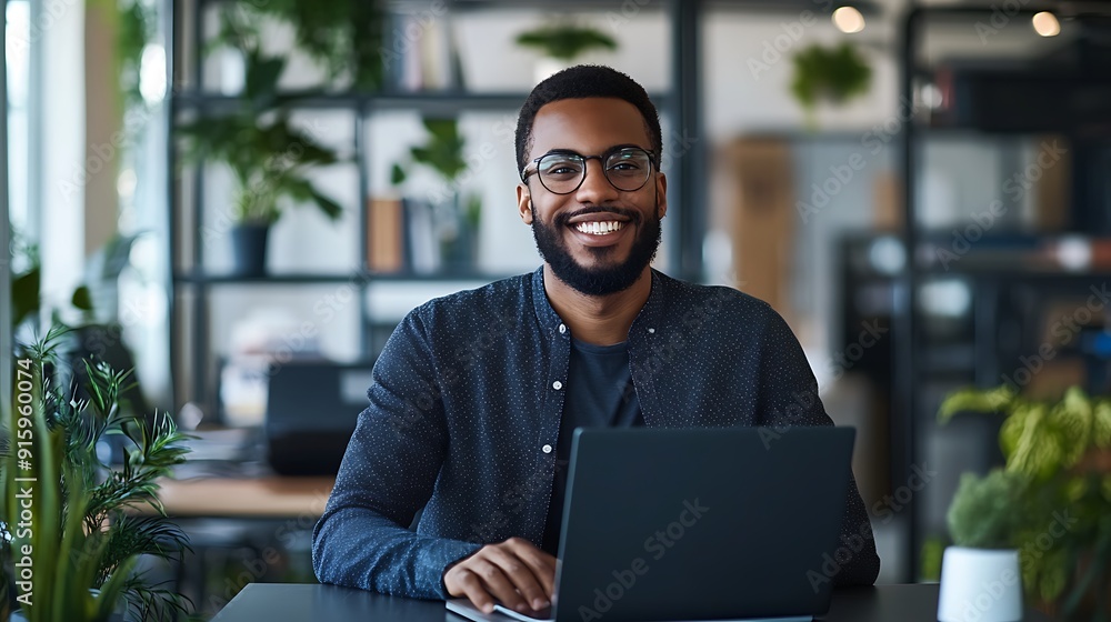 Professional headshot of a software developer in a modern office, coding on a laptop, focus and dedication Professional headshot of a software developer in a modern office, coding on a laptop, focus and dedication