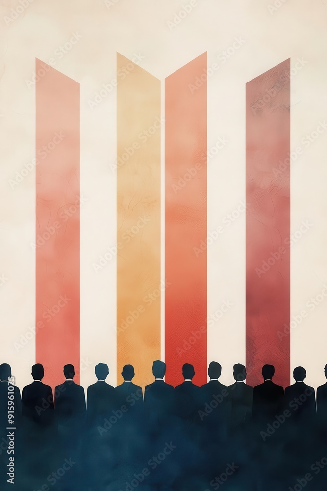 Obraz premium Abstract art with a line of people looking up at three vertical stripes in warm tones.