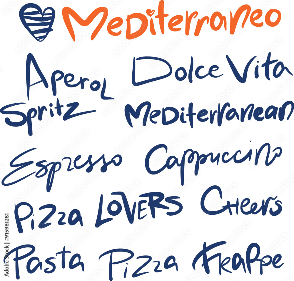 Vector lettering set of Aperol, Dolce Vita, Spritz, Mediterranean, Espresso, Cappuccino, Cheers, Pasta, Frappe. Hand-drawn names isolated on white background. For design, print, fabric or background. Vector lettering set of Aperol, Dolce Vita, Spritz, Mediterranean, Espresso, Cappuccino, Cheers, Pasta, Frappe. Hand-drawn names isolated on white background. For design, print, fabric or background.