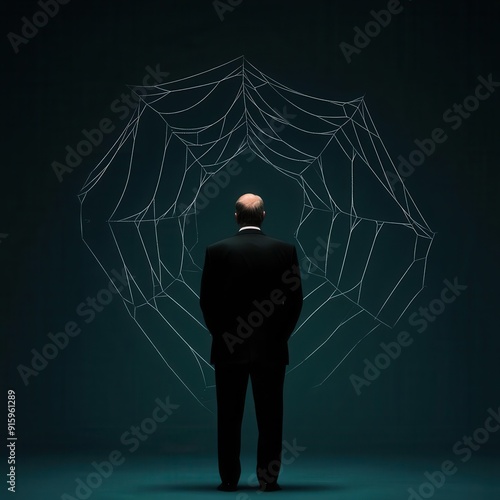 A man in a suit standing in front of a spider web, symbolizing entrapment, complexity, or manipulation in business.