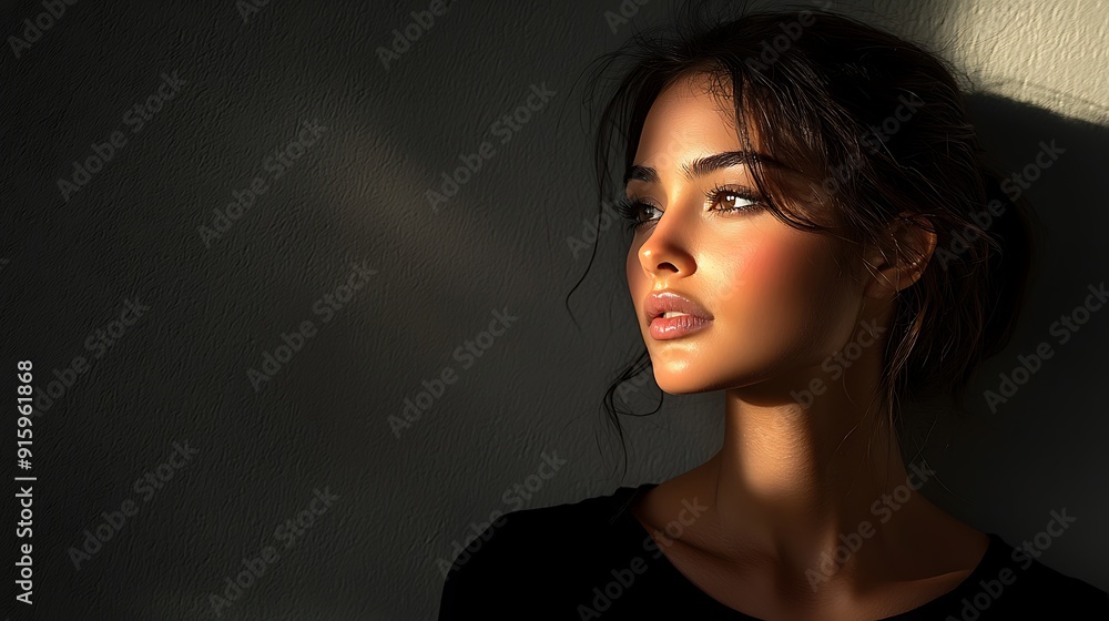 Sensual brunette model with dark makeup posing in studio, captivating gaze and long hair Sensual brunette model with dark makeup posing in studio, captivating gaze and long hair
