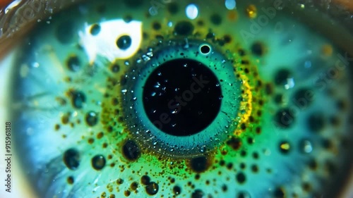 A mesmerizing closeup of a frogs eye drawing attention to the vibrant jewellike colors of the iris and the small black specks dotting the surface. photo