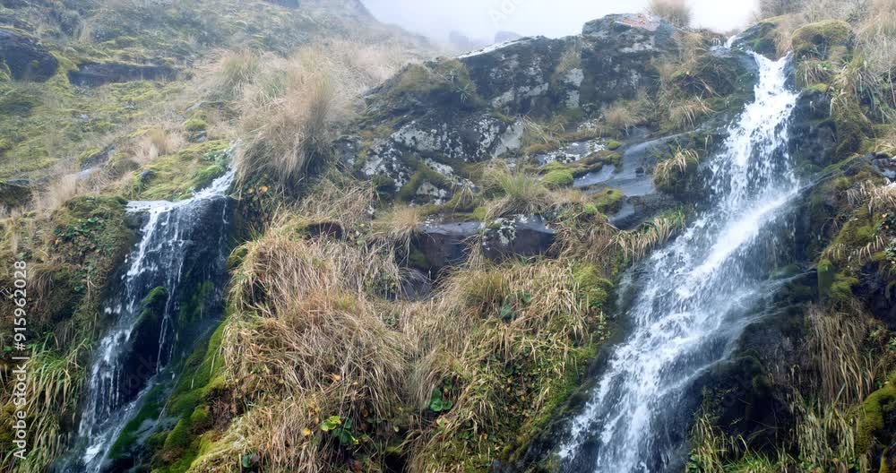 water flows over the mossy overgrown mountain rocks, The soda springs falls in New zealand water flows over the mossy overgrown mountain rocks, The soda springs falls in New zealand