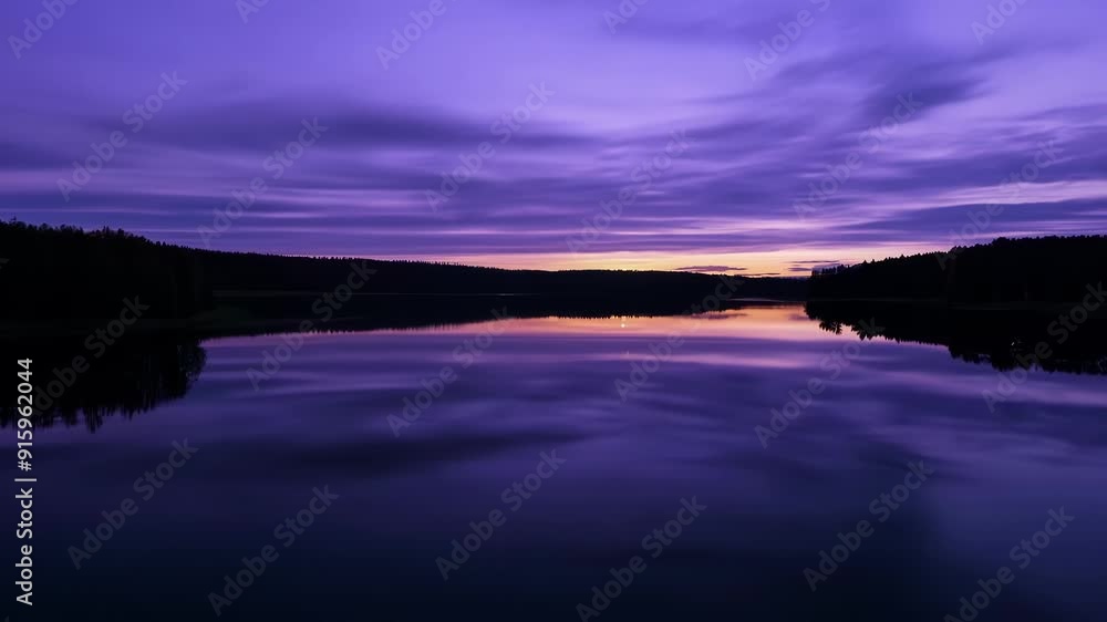 The camera slowly pans across the tranquil lake revealing the suns reflection gradually fading into darkness as the sky turns to shades of purple and blue. The camera slowly pans across the tranquil lake revealing the suns reflection gradually fading into darkness as the sky turns to shades of purple and blue.