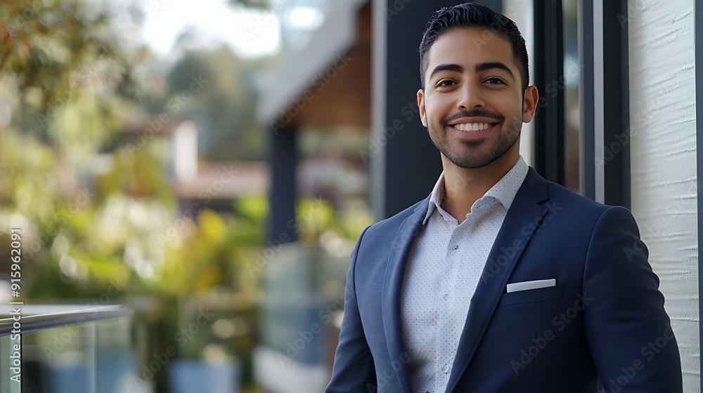 Stock image of a real estate agent, smart attire with a welcoming smile, property brochures in the background Stock image of a real estate agent, smart attire with a welcoming smile, property brochures in the background