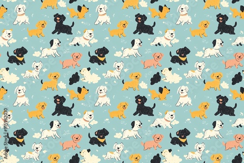 Colorful cartoon dogs frolicking on a playful pastel pattern background