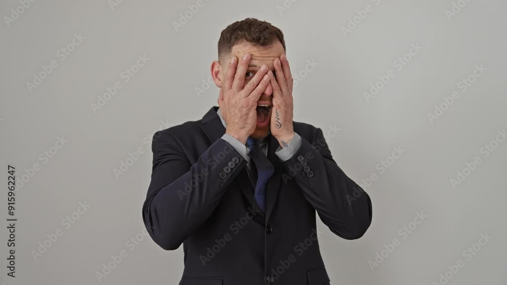 Shocked young hispanic man in suit, peeking through covered hand over eyes, looking at something with surprise on white isolated background Shocked young hispanic man in suit, peeking through covered hand over eyes, looking at something with surprise on white isolated background